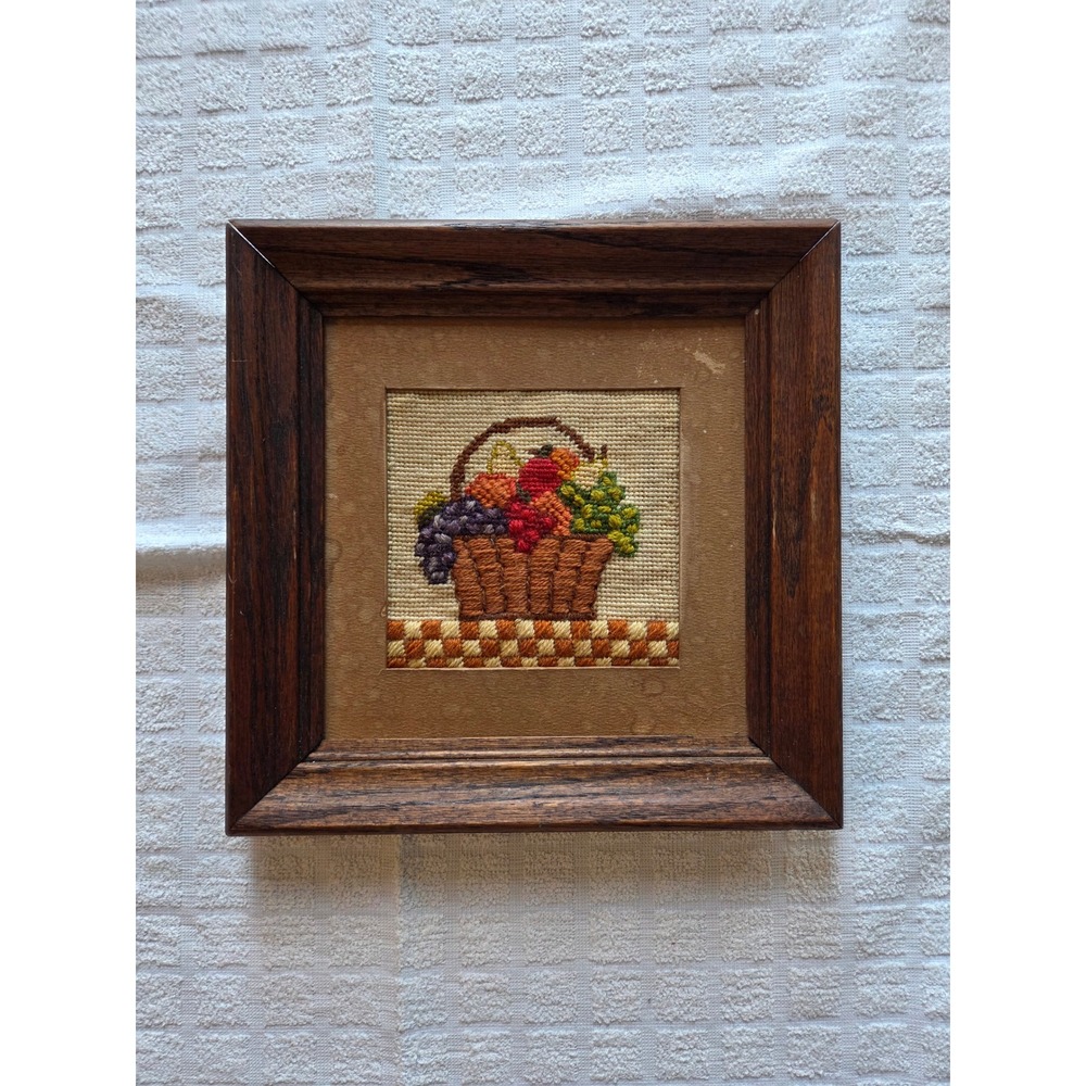 Vintage 1977 Handmade Fruit Basket Needlepoint Framed Wall Art Wood Frame 10"